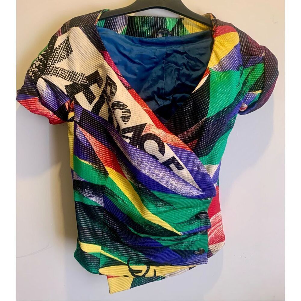 Gianni Versace Womens Multicolor Abstract Print Asymmetrical Silk Blouse Size 2